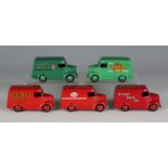 Five Dinky Toys Trojan vans, comprising a No. 450 'Esso', a No. 451 'Dunlop', a No. 452 'Chivers', a