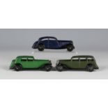 Three Dinky Toys cars, comprising a No. 30b Rolls-Royce, finished in blue and black, a No. 30c