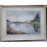 Editha Bartlett - View along the Thames towards Kew Bridge and the Water Tower, watercolour over