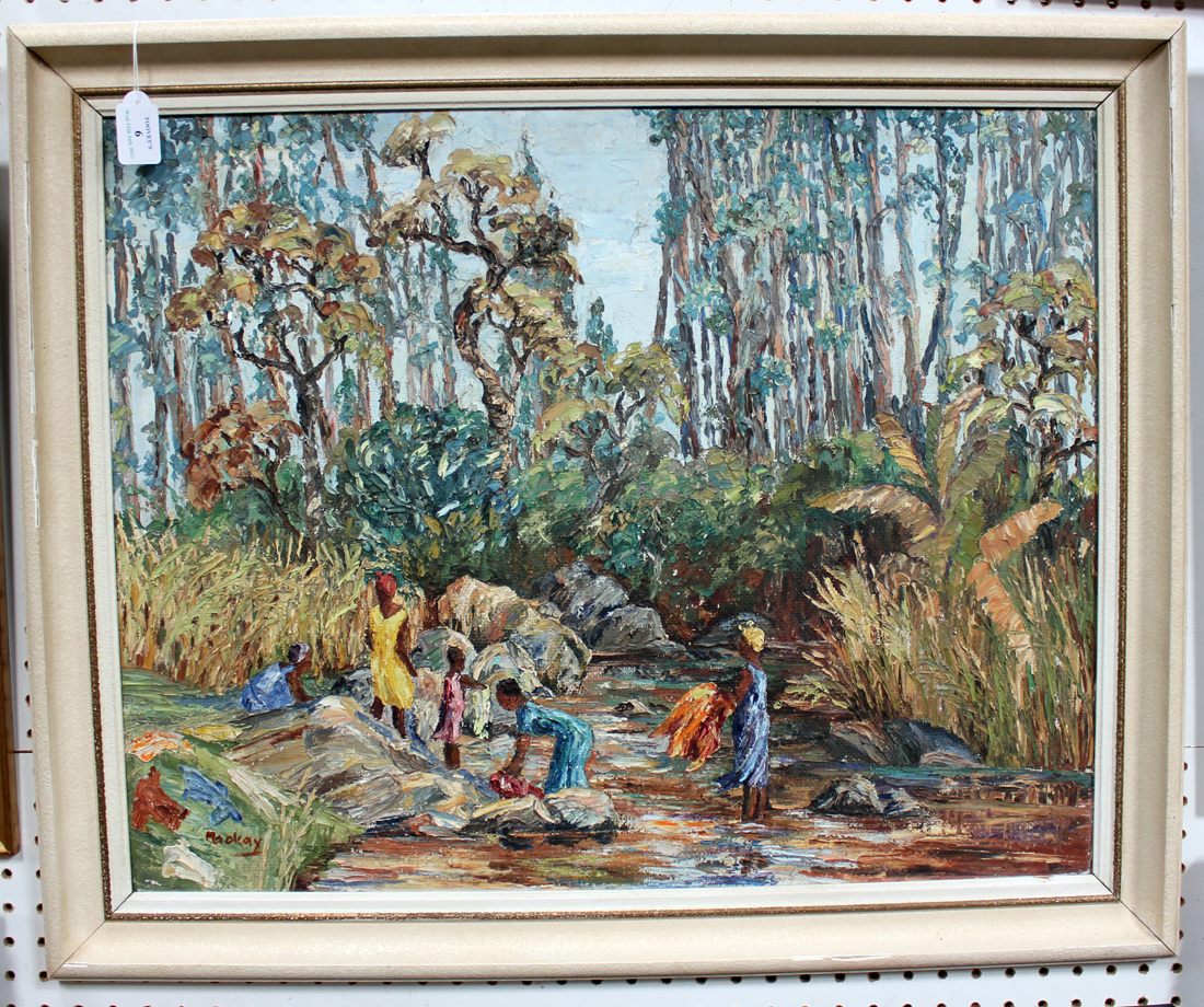 Mackay - African Landscape with Figures washing Clothes in a River, 20th century oil on board,