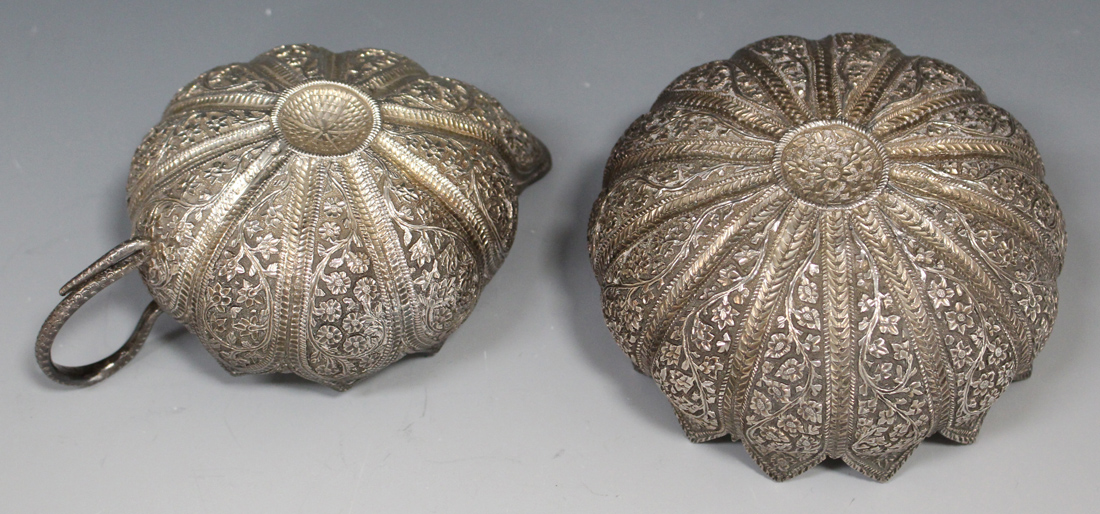 A late 19th century Indian white metal cream jug with snake handle and sugar bowl, each of lobed - Image 3 of 3