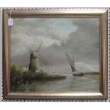 A. Canham - Wherry on a Canal passing a Windmill, 20th century oil on canvas, signed, 49.5cm x 59.