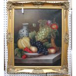 Therese - Still Life of Fruit on a Ledge, 20th century oil on canvas, signed, 59cm x 49cm, within