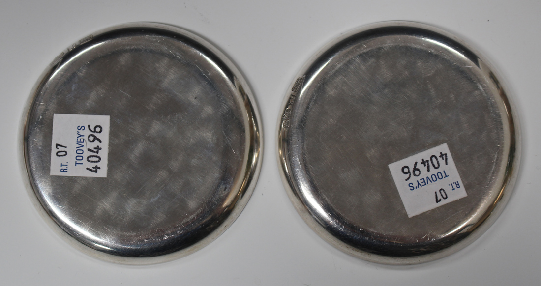 A pair of Danish sterling and enamelled circular pin dishes, each interior decorated with a stem - Image 2 of 3