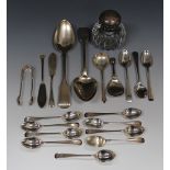Two early 19th century silver Fiddle pattern tablespoons, London 1818 and 1820, a silver and cut