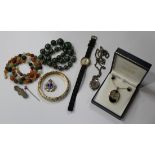 A group of jewellery, comprising a silver mounted blue john and mother-of-pearl oval pendant with