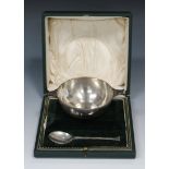 A George V silver christening bowl of quaich form, together with matching spoon, Sheffield 1929 by