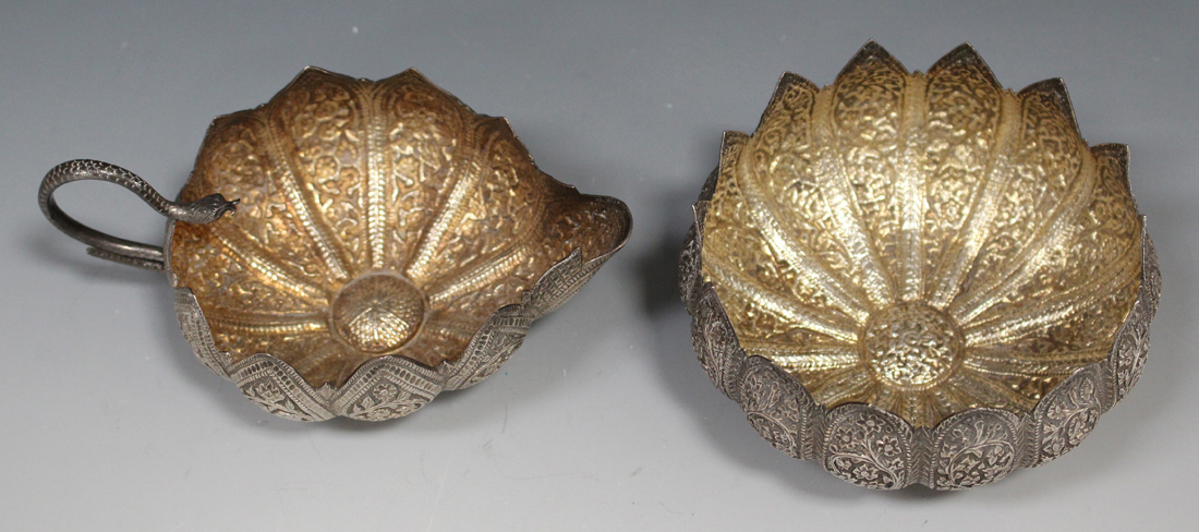 A late 19th century Indian white metal cream jug with snake handle and sugar bowl, each of lobed - Image 2 of 3