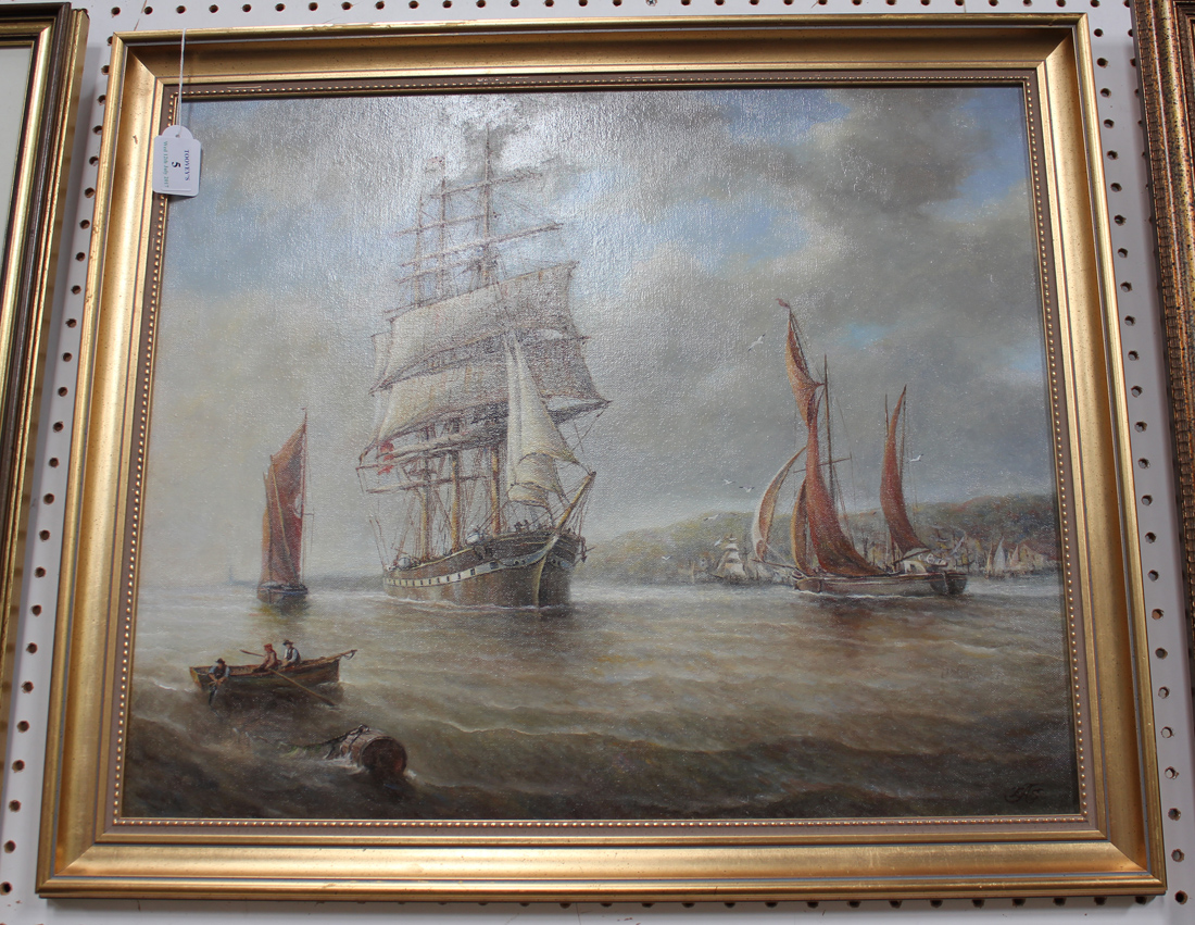 Edward A. Swan - Sailing Vessels in Coastal Waters, late 20th century oil on canvas-board, signed