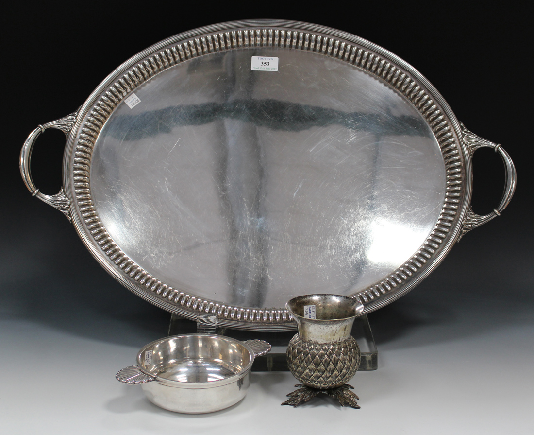 A late Victorian plated two handled oval tea tray by Roberts & Belk, length 67.5cm, together with