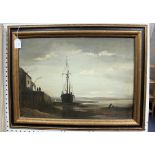 Philip Hugh Padwick - Beached Boat near a Harbour Wall, oil on canvas laid on board, signed, 42cm