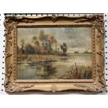 British School - View across a River, oil on canvas, 23.5cm x 34cm, within a gilt composition