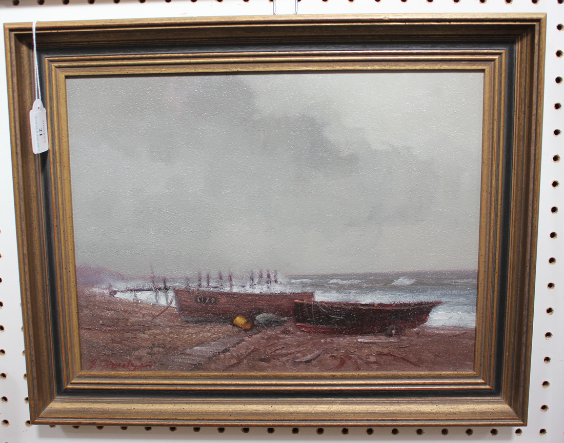 John Foulger - 'Fishing Boats in Winter, Bognor Beach', oil on board, signed recto, titled, dated