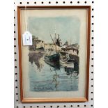 René le Forestier - Harbour Scene, watercolour with charcoal, signed, 32cm x 22.5cm, within an oak