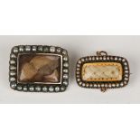 A curved rectangular mourning brooch, glazed with a woven hair locket compartment within a