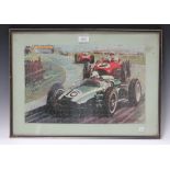 After Michael Turner - a jigsaw puzzle depicting Jack Brabham in a Cooper, leading a Dino Ferrari,