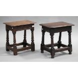 A 19th century oak joint stool, the carved frieze on turned and block legs, height 47cm, width 46cm,