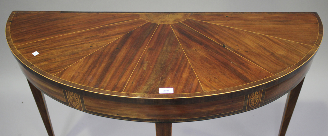 A George III mahogany demi-lune side table with crossbanded and line inlaid decoration, raised on - Image 2 of 2