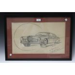 A mid-20th century pencil advertising drawing of a Lancia Aurelia, indistinctly signed 'Michelotti?,