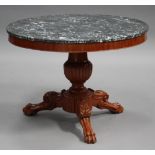 A 20th century French circular marble-topped centre table, raised on a turned and reeded column with