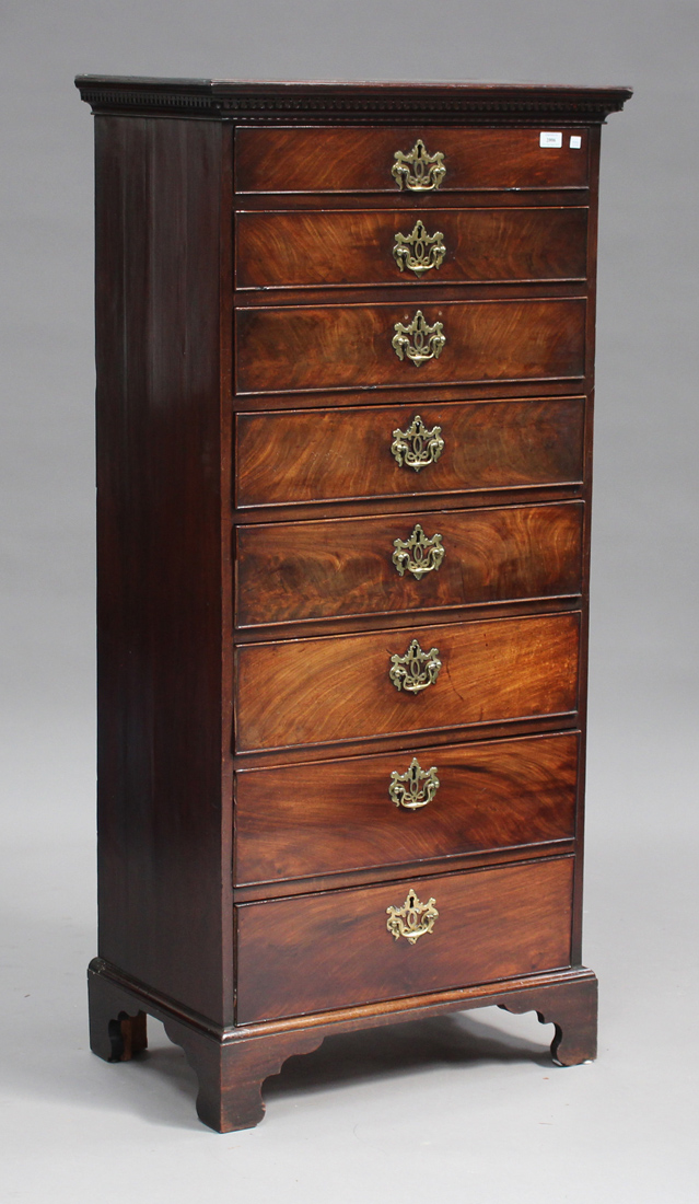 An unusual George III mahogany narrow chest of eight graduated drawers, raised on bracket feet, - Image 2 of 2