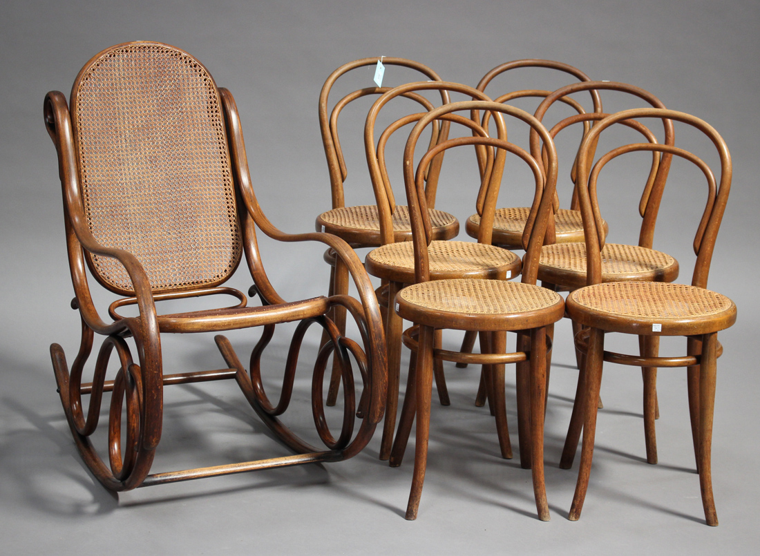 A set of six late 19th century Thonet bentwood side chairs with caned seats, width 37cm, together