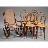 A set of six late 19th century Thonet bentwood side chairs with caned seats, width 37cm, together