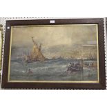 Edwin Hayes - Maritime Scene with Boats and Distant Harbour, possibly North Africa, watercolour,