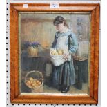 A 20th century watercolour with gouache, Young Girl holding Oranges in her Apron, 35cm x 30cm,