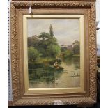 British School - Lake Scene with Fisherman and Distant Church, late 19th century oil on canvas,