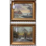 Raymond Campbell - Dutch Scenes with Figures on Frozen Rivers, a pair of late 20th century oils on