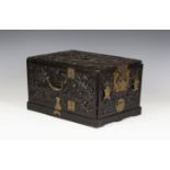 A Chinese brass mounted hardwood rectangular dressing table box, late 19th century, the exterior