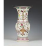 A Chinese famille rose yen yen vase, Yongzheng period, the baluster body and 'phoenix tail' flared