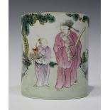 A Chinese famille rose porcelain cylindrical brush pot, mid-19th century, decorated with sage and