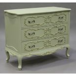 A late 20th century Louis XV style serpentine front commode, painted in grey with leaf and flower