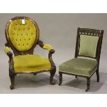 A Victorian walnut salon armchair with carved decoration, height 90cm, width 72cm, together with a