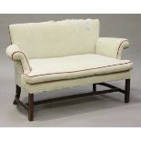 A 20th century mahogany two-seat scroll arm settee on block legs, height 84cm, width 146cm.Buyer’s