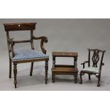 A late 20th century reproduction hardwood doll's armchair, width 33cm, a set of library steps, width