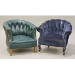 A Victorian tub back salon armchair, upholstered in blue velour, width 79cm, together with a