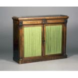 A Regency rosewood side cabinet, the top with a pierced brass gallery above two concealed frieze