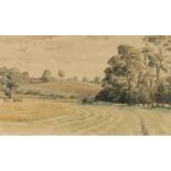 Stanley Roy Badmin - 'Hayfield', watercolour, signed, titled and dated 1943, 15cm x 25.5cm, within