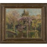 John Anthony Park - View of a Lakeside Pavilion, 20th century oil on board, signed, 32cm x 38.5cm,