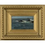 John Robertson Reid - Coastal View with Sailing Vessel and Rocks, oil on panel, indistinctly