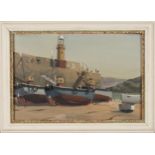 Malcolm Haylett - Beached Boats before a Harbour Wall, late 20th century oil on canvas-board,