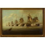 Brian Coole - Naval Battle Scene, 20th century oil on canvas, signed, 34cm x 55cm, within a gilt