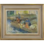 Joan Souter-Robertson - Laundry Day, Women Washing Clothes, mid-20th century oil on canvas, signed