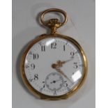 A gold cased keyless wind open-faced fob watch with an unsigned gilt cylinder movement, gold inner