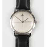 A Jaeger-LeCoultre circular steel cased gentleman's wristwatch, the signed silvered dial with