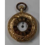 A gold keyless wind half-hunting cased lady's fob watch, the gilt jewelled lever movement