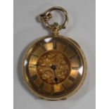 A gold cased keywind open-faced lady's fob watch, with a gilt jewelled cylinder movement, gilt metal